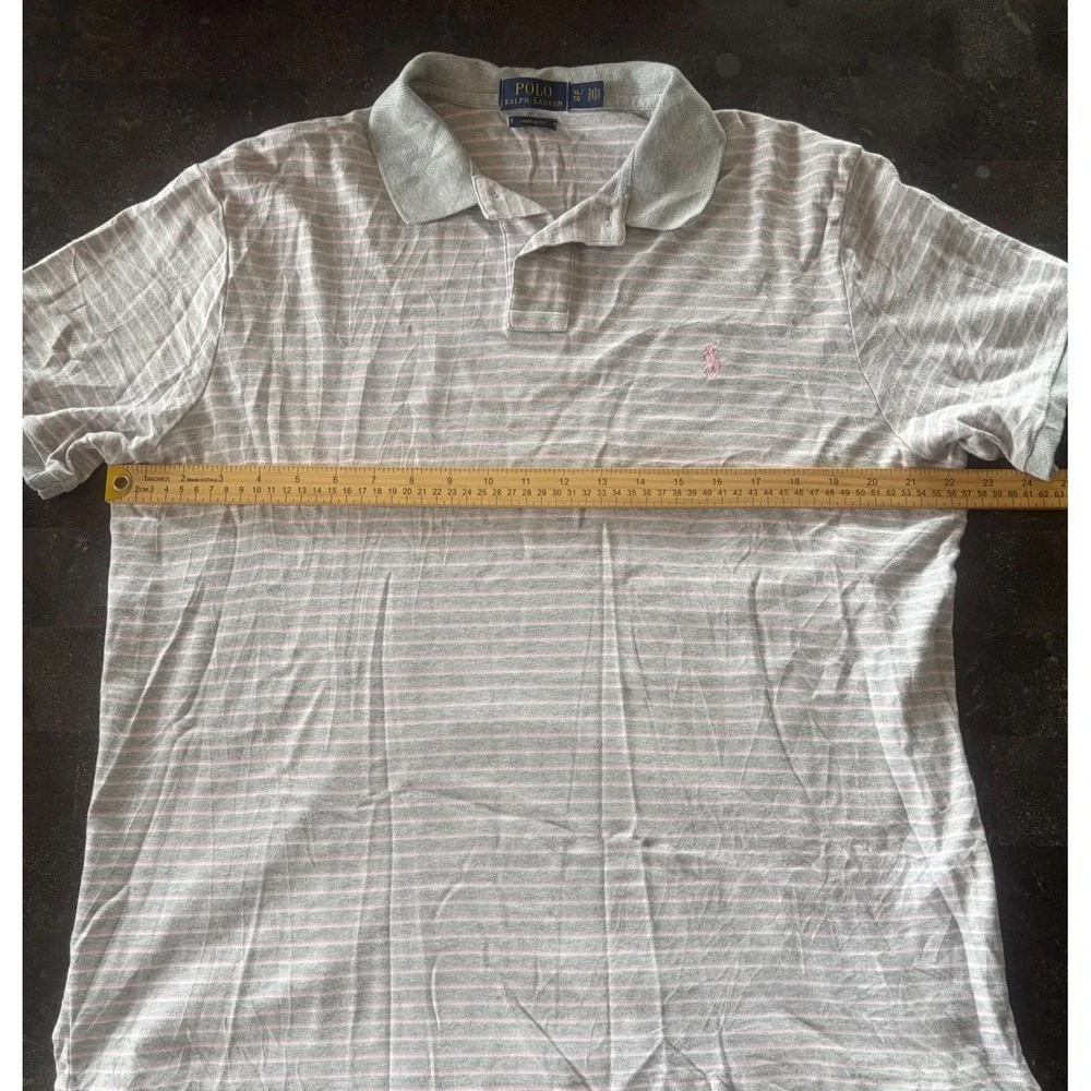 Polo Ralph Lauren Mens XL Custom Fit Gray Pink Striped Short Sleeve Polo Shirt